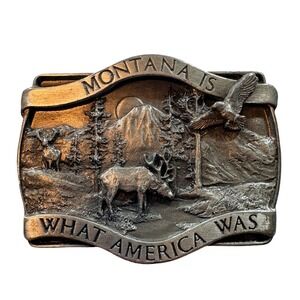 Bergamot Brass Works Montana Wildlife Belt Buckle Mens Vintage 1981 Pewter Eagle